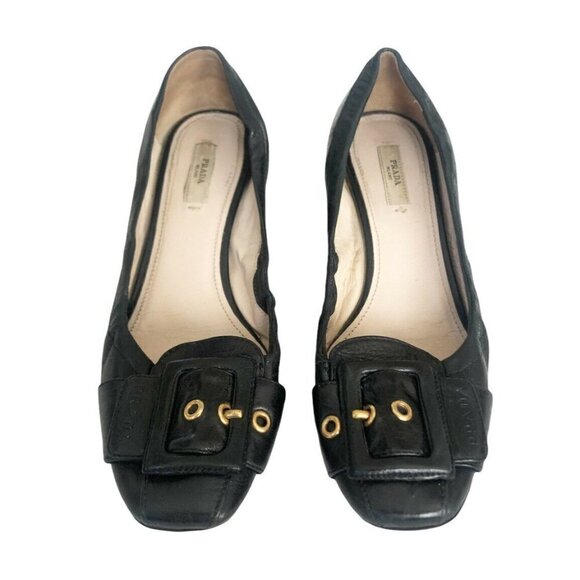 Prada Black Leather Flats with Gold Buckle - Picture 2 of 12